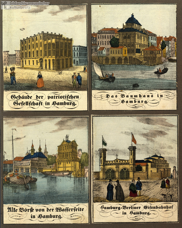 Hamburg – Ansichten des Gebäudes der Patriotischen Gesellschaft, vom Baumhaus, Alter Börse und Hamburg-Berliner Bahnhof (Ende der 1840er Jahre)